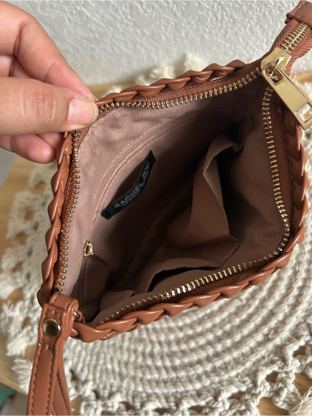 Rachel Zoe Chocolate Brown Woven Leather Hobo Slouchy Shoulder Bag Wristlet Set - Picture 11 of 12